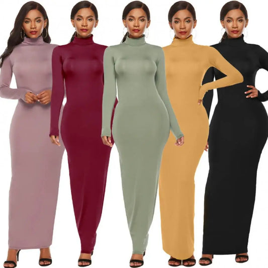 Women Long Dresses Plus Size Party Solid Color Women Long Sleeve Turtleneck Bodycon Dress Maxi Vestidos S-5XL