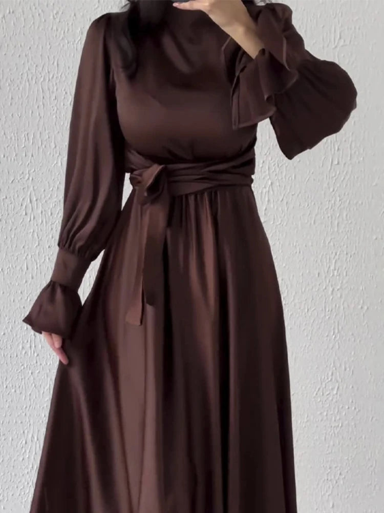 Dress for Women Lotus Leaf Sleeve Satin Bandage Abaya Long Dress