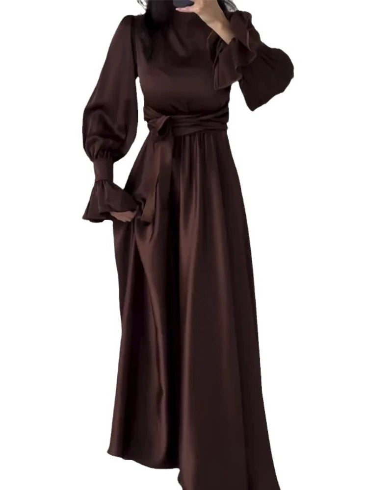 Dress for Women Lotus Leaf Sleeve Satin Bandage Abaya Long Dress