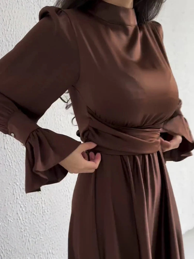 Dress for Women Lotus Leaf Sleeve Satin Bandage Abaya Long Dress