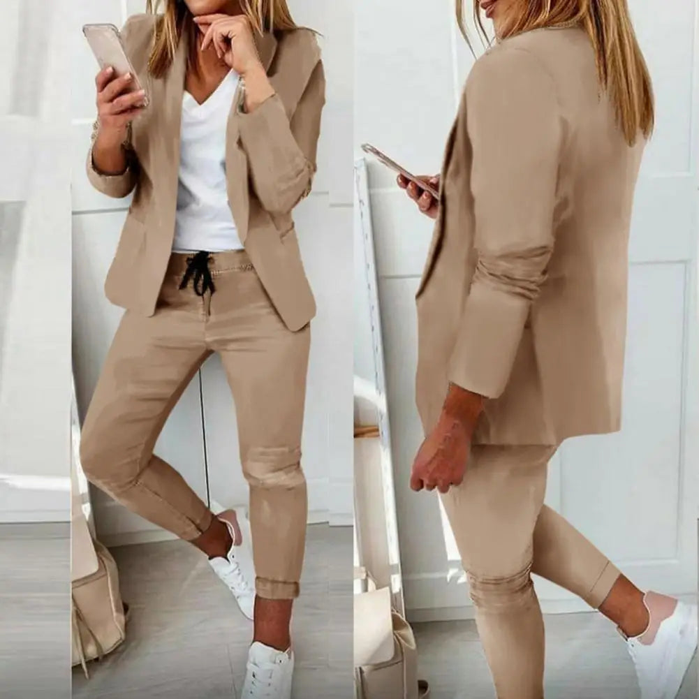 1 Set Stylish Blazer Trousers Autumn Winter Blazer Pants Solid Color Open Stitch Slim Blazer Trousers  Drawstring